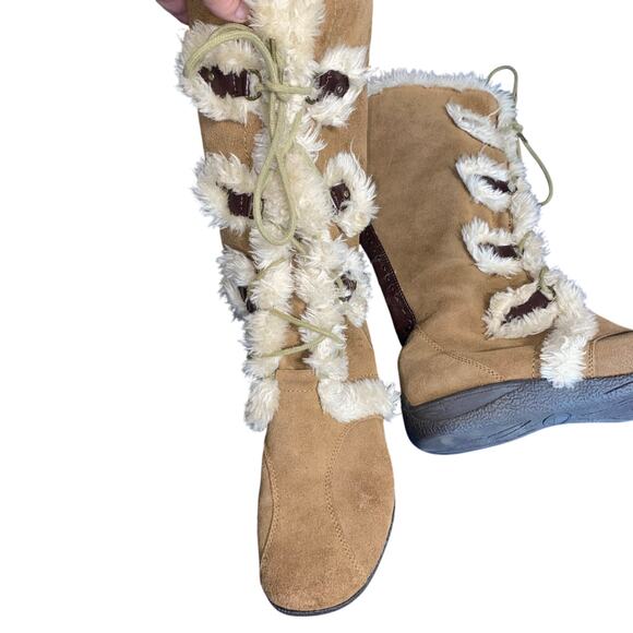 Ruff Hewn Tan Suede Faux Fur Winter Boots Womans 9.5 Lace Up Y2k Retro Snow Ski - Picture 3 of 5